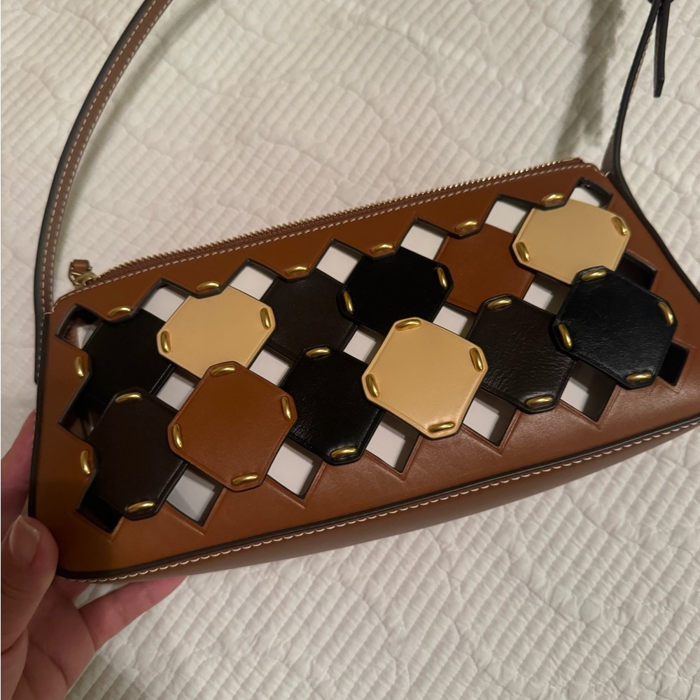 Tory Burch McGraw Die Cut Leather Wedge Shoulder Bag in Neutral Multi